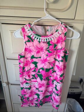 Lilly Pulitzer Pink & Green Floral Shift Dress with Crochet Trim